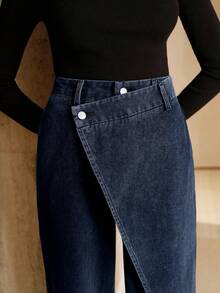 Anewsta Asymmetrical Design Women's Loose Fit Pockets Wide Leg Jeans - Blue - View 5