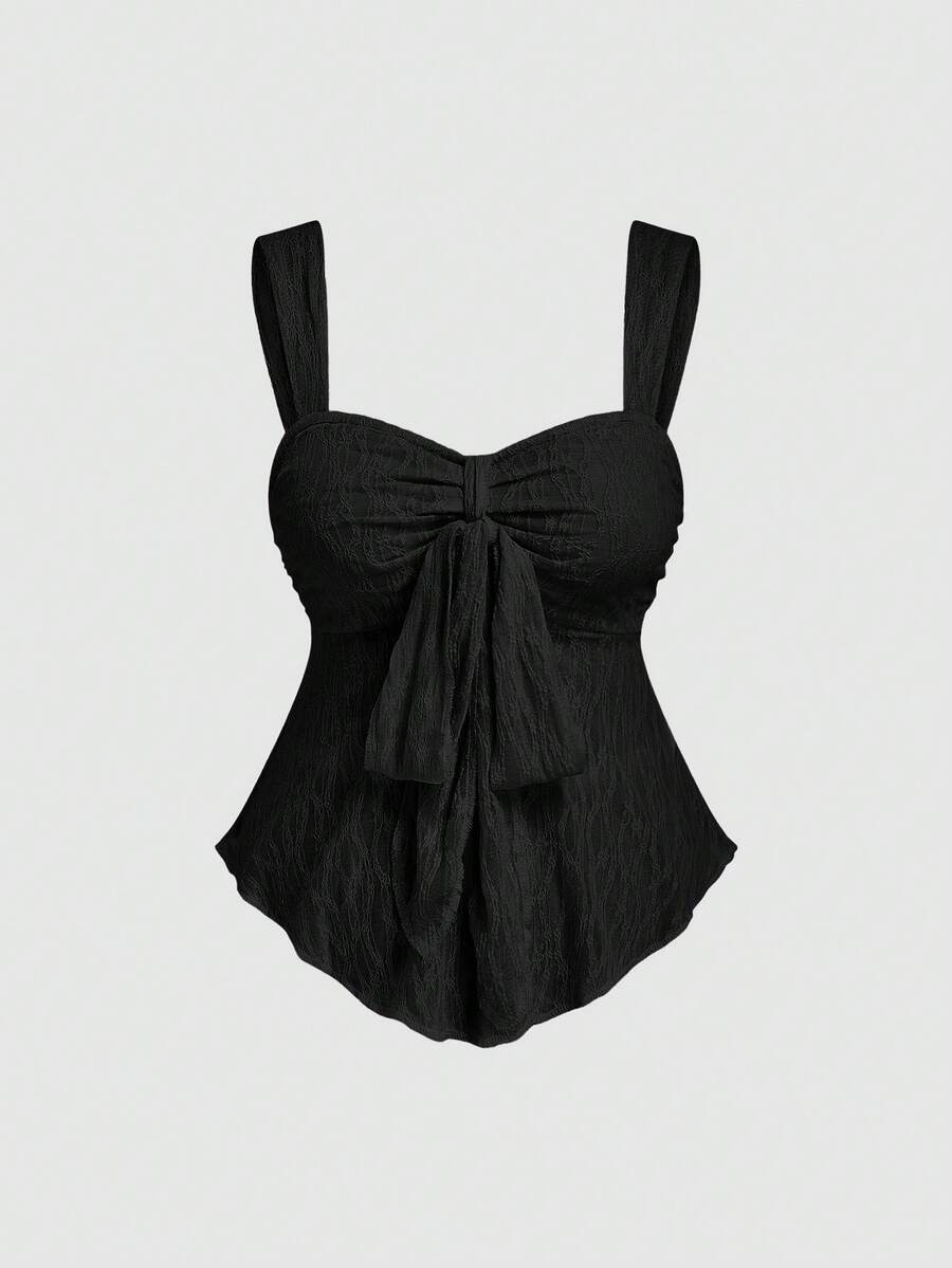 Sweetra Plus Size Women Bowknot Fashion Thick Strap Top - Black - View 1