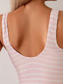 Swim Lushoire Đồ bơi liền thân sọc jacquard lượn sóng cổ tròn hở lưng gợi cảm thường ngày cho nữ, mùa hè - Hồng - Xem 3