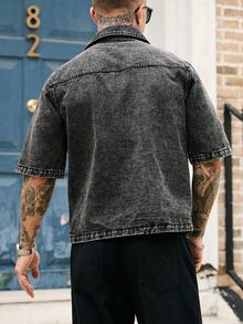 Manfinity Homme Herren Große Größen Einfarbiges Lässiges Kurzarm Denim-Hemd - Schwarz - Übersicht 2