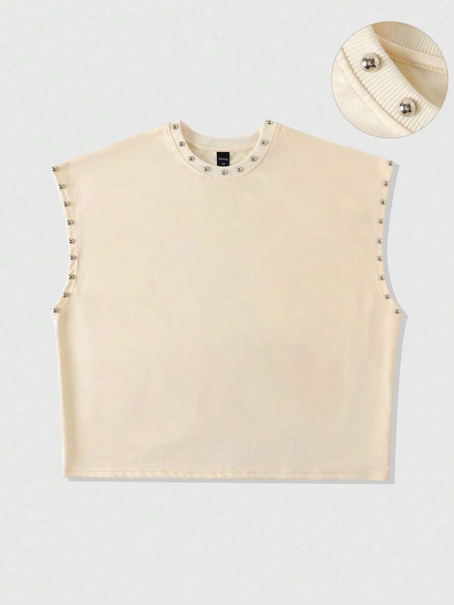 ROMWE MEN Áo tank top nam mùa hè kiểu dáng thường ngày, trang trí đinh tán, dáng rộng - Màu be - Xem 1