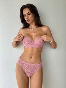 Aloruh 2件套女士优雅性感蕾丝内衣套装 - 粉色 - 查看 4