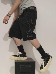 STEELVANCE 男士休闲星形图案斜插口袋牛仔短裤，夏季 - 深灰色 - 查看 3