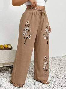 Linhara CURVE Quần ống rộng dáng suông có dây rút, chất liệu vải lanh, cỡ lớn, thêu hoa. - màu nâu - Xem 3