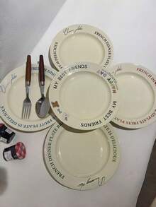 Cream-Colored English Letter Printed Ceramic Plate, Creative High-Quality Dish, Suitable For Breakfast, Steak, Dishes - Multicolor - View 1
