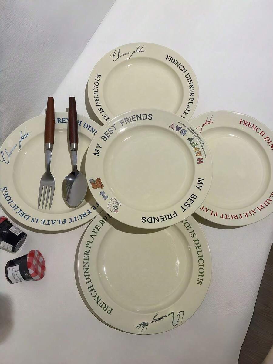 Cream-Colored English Letter Printed Ceramic Plate, Creative High-Quality Dish, Suitable For Breakfast, Steak, Dishes - Multicolor - View 1