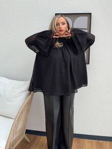 Jeta Ari Women's Long-Sleeved Blouse With Wide-Sleeved Ruffles And Lace Details, Elegant, Retro, And Romantic Embroidered Details,Polka Dot Wide-Sleeved Blouse With Ruffles,Autumn/Winter Women's Clothing,Autumn Top,Women's Business Casual Wear. - Black - View 6