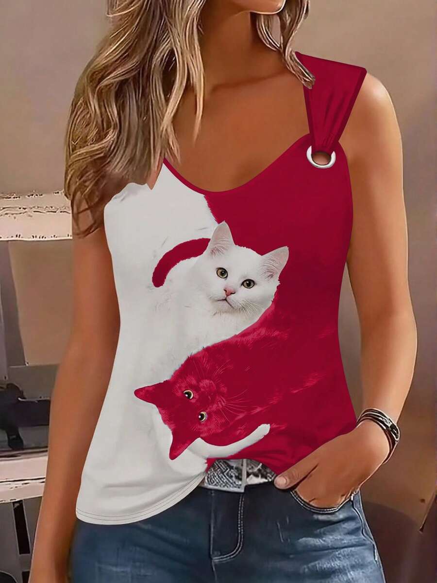 Women's Casual Contrast Color Cat Print Sleeveless Top, Summer - Burgundy - View 1