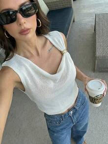 Firerie Casual Solid Color Asymmetric Collar Knit Vest, Summer - Beige - View 3