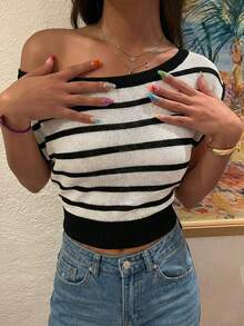 Firerie 女士条纹不对称肩短袖露脐针织上衣 - 黑色 - 查看 7