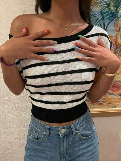 Firerie Women's Striped Asymmetric-Shoulder Short Sleeve Cropped Knit Top