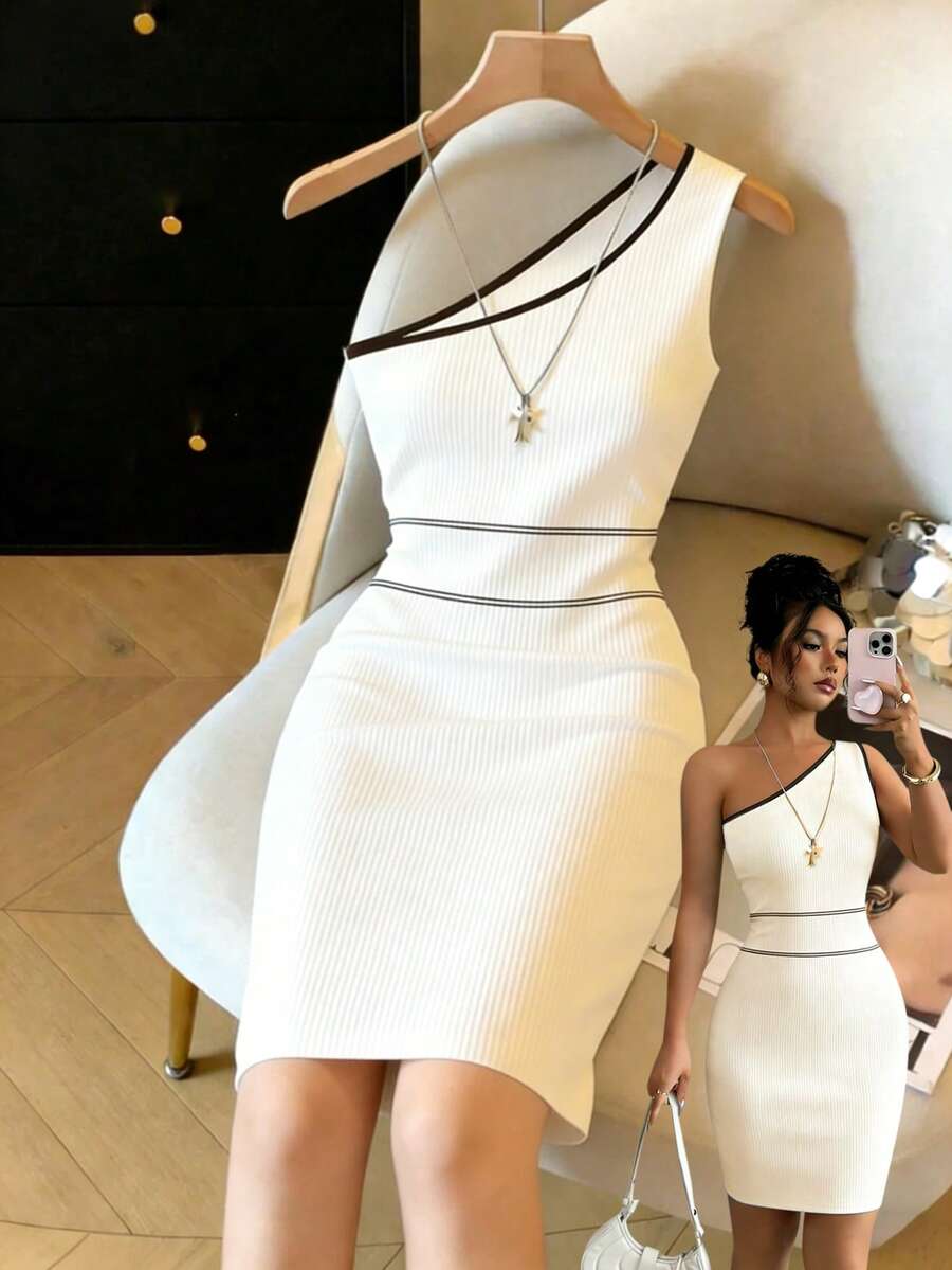 Franclia Women's Elegant Black And White Colorblock Ribbed Knit Bodycon Dress, One Shoulder Asymmetric Dress For Summer,Dinner Date,Wedding,Y2k Outing - White - View 1