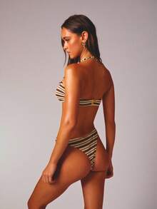 Aralina 3 Piece Set Textured Stripe Knot Bandeau Spring Swim Vacation Beach Bikini Set Three Piece Set With Swim Bag - Brown - View 2