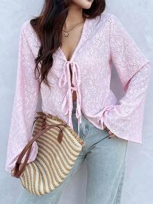 K-Vae Women's Casual Elegant Jacquard Knit Tie Cuff Flare Sleeve Top, Slimming Knit Sweater Blouse - Pink - View 6