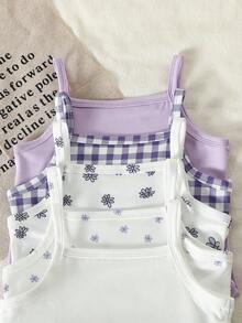 SHEIN 5件套女婴夏季碎花格子图案针织无袖连体衣 - 彩色 - 查看 4