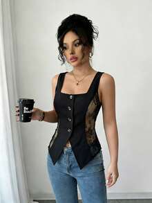 Elenzga Áo khoác nữ thanh lịch, màu đen, chất liệu dệt mềm mại và thoải mái, phối ren gợi cảm và sang trọng, dù đi dự tiệc, đi làm, du lịch hay bất cứ hoạt động nào khác, đều tạo nên điểm nhấn nổi bật giữa đám đông, một món đồ không thể thiếu trong tủ quần áo của phụ nữ. - màu đen - Xem 5