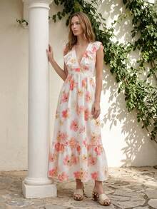 CielaLinda 女士荷叶边长款连衣裙 V领荷叶边连衣裙 印花连衣裙 - 彩色 - 查看 1