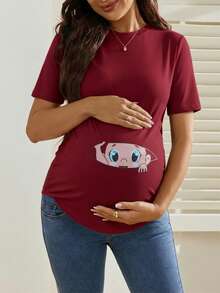 SHEIN T-shirt med rund hals och kort ärm och tecknad print för gravida - Bourgogne - Visa 1