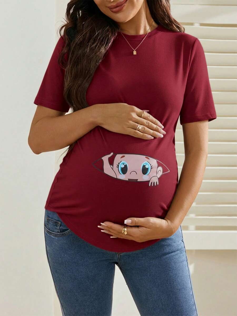 SHEIN T-shirt med rund hals och kort ärm och tecknad print för gravida - Bourgogne - Visa 1