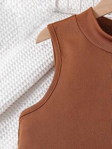 女童棕色罗纹针织无袖上衣+树叶印花直筒裤两件套，休闲日常穿搭，春夏款 - 棕色 - 查看 6