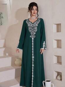Al Najma Vestido maxi largo de manga larga holgado con bordados y cuentas lujosos, estilo tradicional turco y árabe - Verde Oscuro - Ver 4