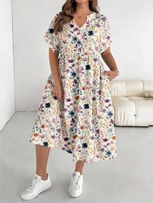 SHEIN CURVE+ Plus Size Casual Vacation Elegant Romantic Floral Print Short Sleeve Dress For Women, Suitable For Spring/Summer - Multicolor - View 3