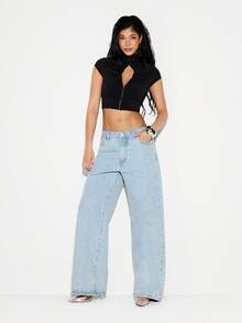 KIZN Áo croptop ngắn tay cổ cao màu đen dành cho nữ, có khoét lỗ, cài móc, thích hợp cho các buổi tiệc tối, đi club. - màu đen - Xem 4