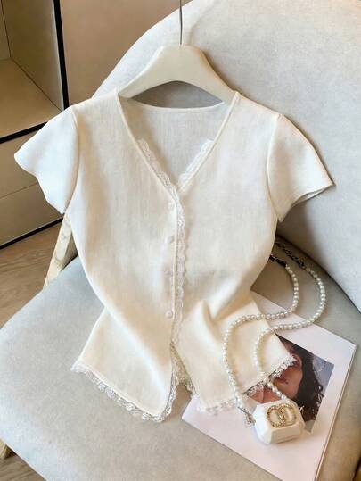 SHEIN PETITE New Arrival Comfortable Soft Casual Party Cardigan With Contrast Lace V-Neck Knit Blouse, Spring/Summer