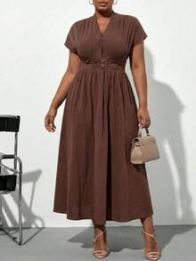Gownix Plus Size Minimalist Chocolate Brown V-Neck Batwing Sleeve Dress With Metal Buckle,Autumn Elegant Tea Party Curve Western Vintage Outfits For Women - Brown - View 3
