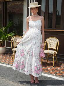 Momance Maternity Floral Print Ruched Casual Vacation Sleeveless Dress - Multicolor - View 4