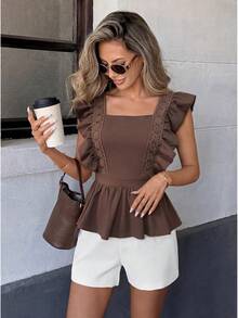 Pariaura 法式复古棕色蕾丝V领短袖上衣，前襟纽扣 - 咖啡棕 - 查看 2