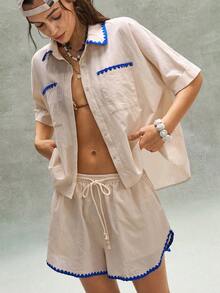Bohemela Bộ 2 món áo và quần short dệt kim dáng rộng thoải mái dành cho nữ - Màu be - Xem 1