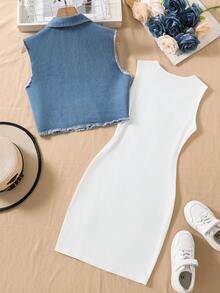 SHEIN Conjunto de 2 peças para meninas pré-adolescentes: vestido regata preto de tricô com colete jeans, ideal para o dia a dia. - Multicolorido - Ver 2