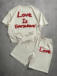 PAVTROS Men's Round Neck Short Sleeve Fashionable Summer Casual T-Shirt Set Men 2 Pieces Short Set Casual Graphic Letter Print Set Men Love Is Everywhere Print Set Men's Casual Short Outfits Short Sleeve T Shirt And Shorts Set Camo - Beige - View 3