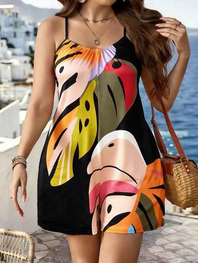 Breezaya 夏季新款女士休闲连体裤，热带植物卡通印花，大码女式连体裤，日常休闲穿搭，舒适青春，海滩度假清凉连体裤，复古西部风