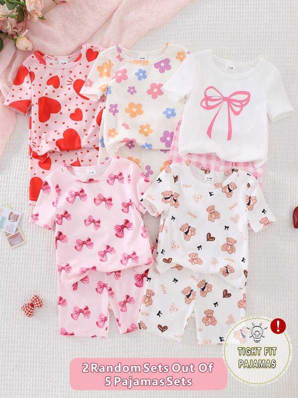 [5-Set Random Delivery 2-Set] Baby Girls' Short Sleeve Pajama Set, Summer Thin Knit Fabric, Heart, Flower, Bow, Bear Print, Comfortable Tight Fit Round Neck Tee And Shorts Sleepwear Set