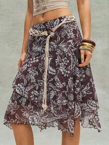 Bohemela 女士休闲梭织印花荷叶边宽松不对称下摆半身裙 - 棕色 - 查看 4