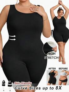 SHEIN CURVE+ 大码女士无缝塑身衣，胸部和臀部提拉 - 腹部、腰部和大腿塑形连体衣，曲线加大码，Hoho Vacation沙滩装/沙滩裙/沙滩度假装/沙滩必备/毕业典礼/下午茶派对礼服 - 黑色 - 查看 9