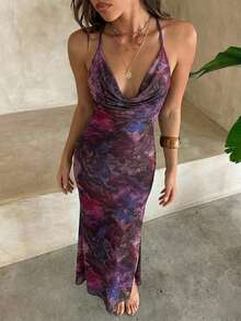Aloruh 夏季度假性感紧身深V领露背高开衩连衣裙（女款） - 彩色 - 查看 1