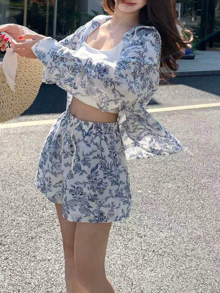 DAZY 女士印花连帽长袖衬衫和短裤两件套休闲套装，波西米亚风家居服，女士短款套装，女士度假装 - 藍色 - 查看 2
