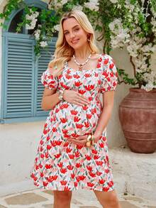 SHEIN Maternity Floral Print Ruched Casual Vacation Puff Sleeve Dress - Multicolor - View 4