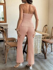 SHEIN 2pcs Maternity Summer Solid Color Textured Bandeau Top And Flare Pants Set - Dusty Pink - View 2