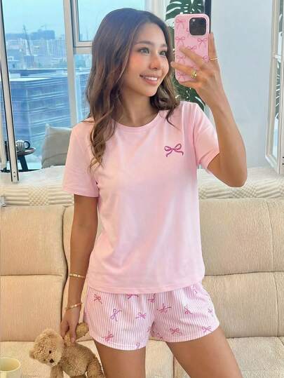 SHEIN Tween Girls' Pink Casual Loose Butterfly Print Loungewear Set, Summer