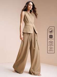 Arave Women's X-Shaped Crew Neck Sleeveless Ruched Waist Top, High Waist Straight Leg Pants With Beaded Cinched Waist Design, Casual Commuter Suit - Coffee Brown - View 6