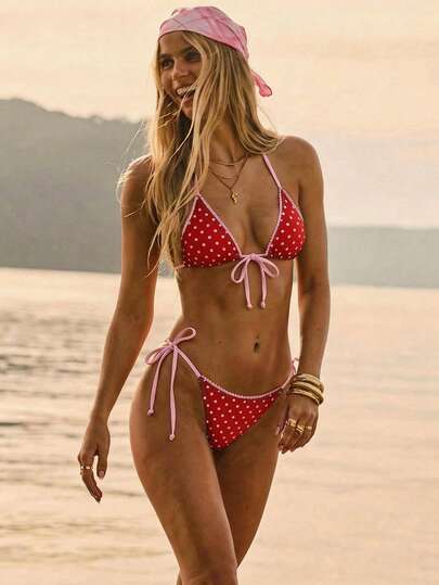 Aralina Summer Resort Vacation Beach Floral Print Tie Front Triangle And Tie Side Bikini Two Pieces Set With Swim Bag