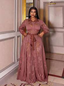 Maweii Plus Size Women Mesh Patchwork Twist Waist Elegant Party Dress - Redwood - View 7