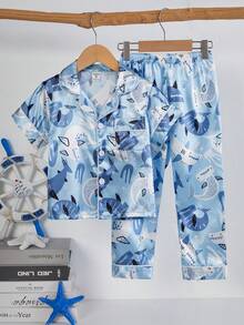 2件套男童可爱鲨鱼印花短袖开衫和裤子套装，休闲家居服 - 藍色 - 查看 7