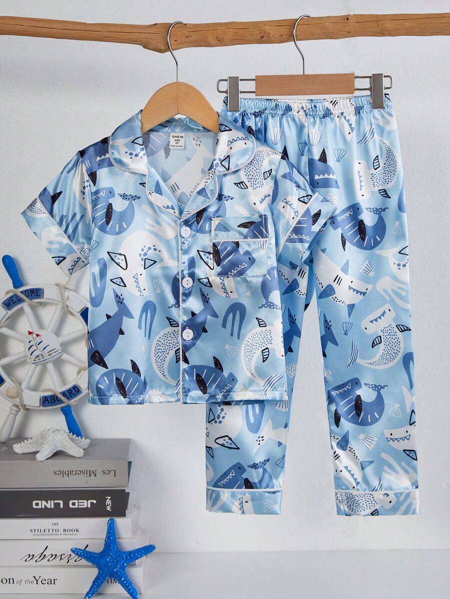2件套男童可爱鲨鱼印花短袖开衫和裤子套装，休闲家居服 - 藍色 - 查看 1