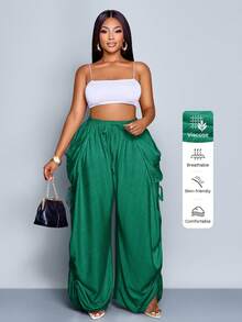 SOLERSUN Plus Size Women's Solid Color Waist Tie Pocket Wide Leg Pants - Green - View 4