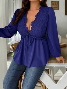 Weeklong Plus Size Women Deep V-Neck Twist Design Ruched Sexy Versatile Date Night Blouse - Royal Blue - View 5